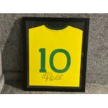 Framed 1970’s brazil number 10 football shirt, signed on the back by the football legend “Pele” with