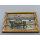 A watercolour of fishermen hauling a boat signed Jobling 12 x 16cm