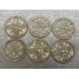 Total of 6 silver one florin coins, dates range from 1921 to 1936