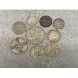 Total of 11 silver coins includes Half crown 1929, 2x one shillings 1920 & 1922, one florin 1923, 4x