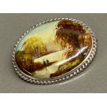 Victorian hand painted brooch - depicting lake scene