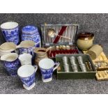 2x cases containing EPNS cutlery also includes Ringtons blue & white China and 7 piece shot