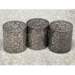3x silver 925 small lidded pill boxes, all with floral pattern, 34g