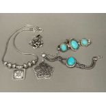 Silver necklace and two silver pendants 80.5g and two metal and turquoise bracelets