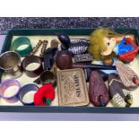 Tray lot of 3 small duck papier mache ducks, carey magic inch briar pipe, thimble, spirit measure