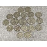 Total of 19 silver coins includes 3 one shilling coins 1929, 1929, 1936 & 16 six-pence coins dates