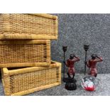 Royal Doulton paperweight 3 x wicker baskets and pair of candle holders