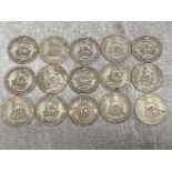 Total of 15 British George V silver one shilling coins dates range from 1921 to 1941, mixed