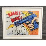 A limited edition signed screen print by Dave White (b1971) “Bang Bang” decorated with applied