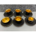 12 pieces of black & gold Wade tea china - 4 cups, 6 Saucers, cream jug & sugar bowl