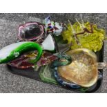 Tray lot of mixed colour glass including Josef Hospodka bowl, Murano style swan dish etc