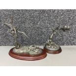 2x heavy white metal bird ornaments both on mahogany bases - Kingfisher & Heron