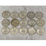 Total of 15 British George V silver one shilling coins dates range from 1921 to 1942, mixed