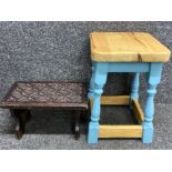 Chip carved antique oak stool plus a pine kitchen stool