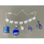 Silver jewellery to include an opalite necklace, and four blue hardstone pendants