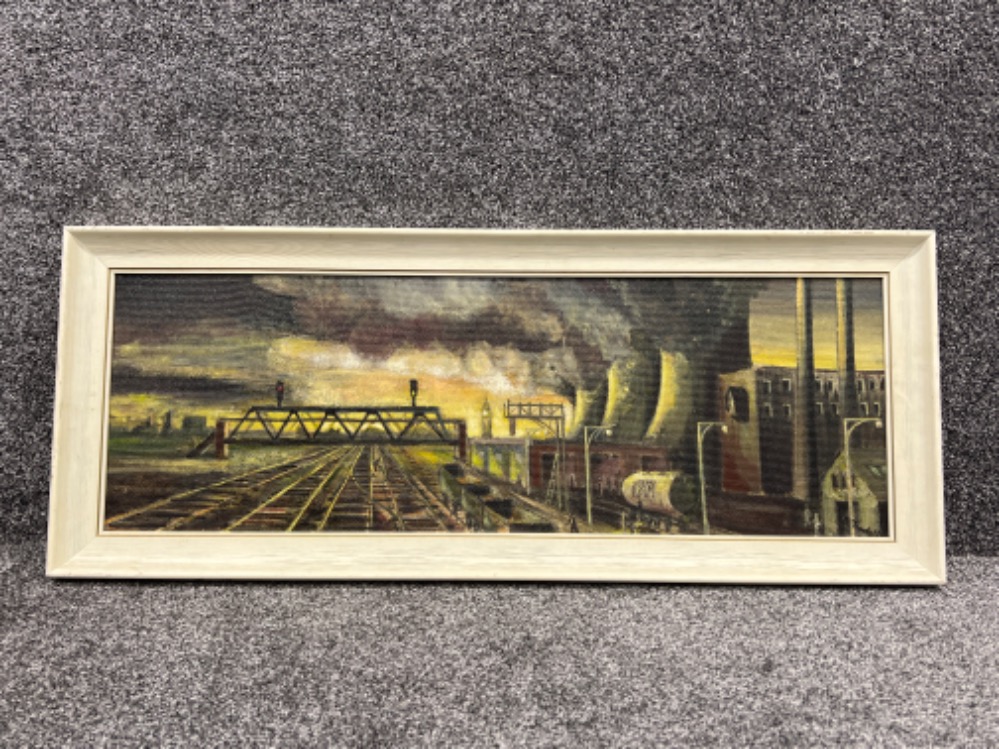 Large oil on board painting of Industrial scene signed bottom right. (79cm x 27cm)