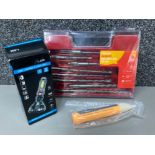 Set of SDS drills (unopened), new USB charge flashlight and new circuit tester