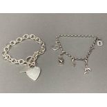 Silver t bar bracelet with two metal heart charms, and a silver charm bracelet 45.6g gross