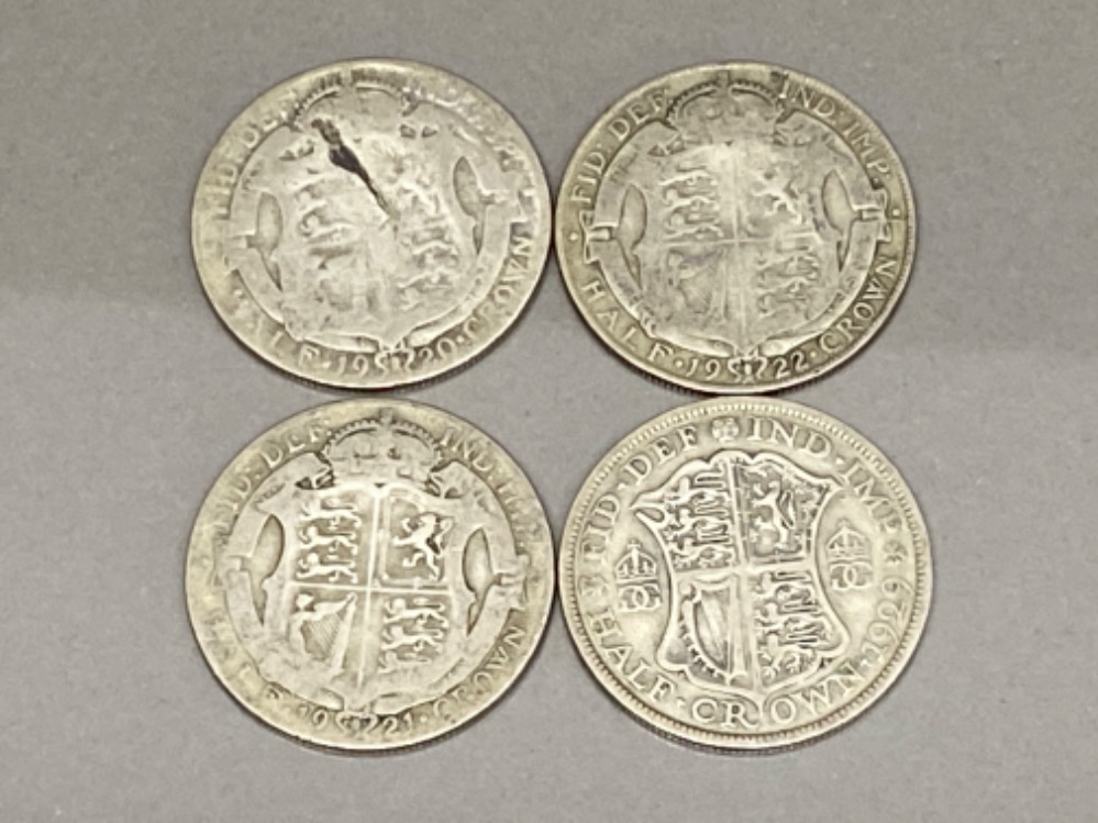 4x silver George V half crown coins dated - 1920, 1921, 1922 & 1929