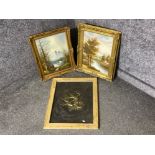 Pair of gilt framed oil on canvas paintings mountain & lake scene both signed indistinct bottom