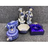 Pair of Mr & Mrs blue & white capodimonte Figures together with Ringtons teapots & bowls