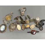 Bag of mixed white metal & silver items to include cufflinks, brooch, deco Marcasite pendant etc