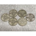 Total of 6 silver one florin coins dates range from 1921 to 1929