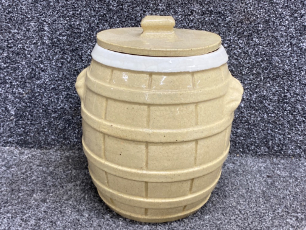 Large ceramic twin handled lidded jar in the form of a barrel, height 27cm