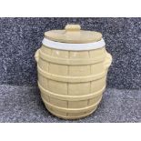 Large ceramic twin handled lidded jar in the form of a barrel, height 27cm