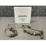 Pandora leather and metal charm necklace and matching bracelet, boxed