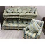 Upholstered blue fabric Duresta 3 piece suite (all on brass castors) comprising of two 3 seater