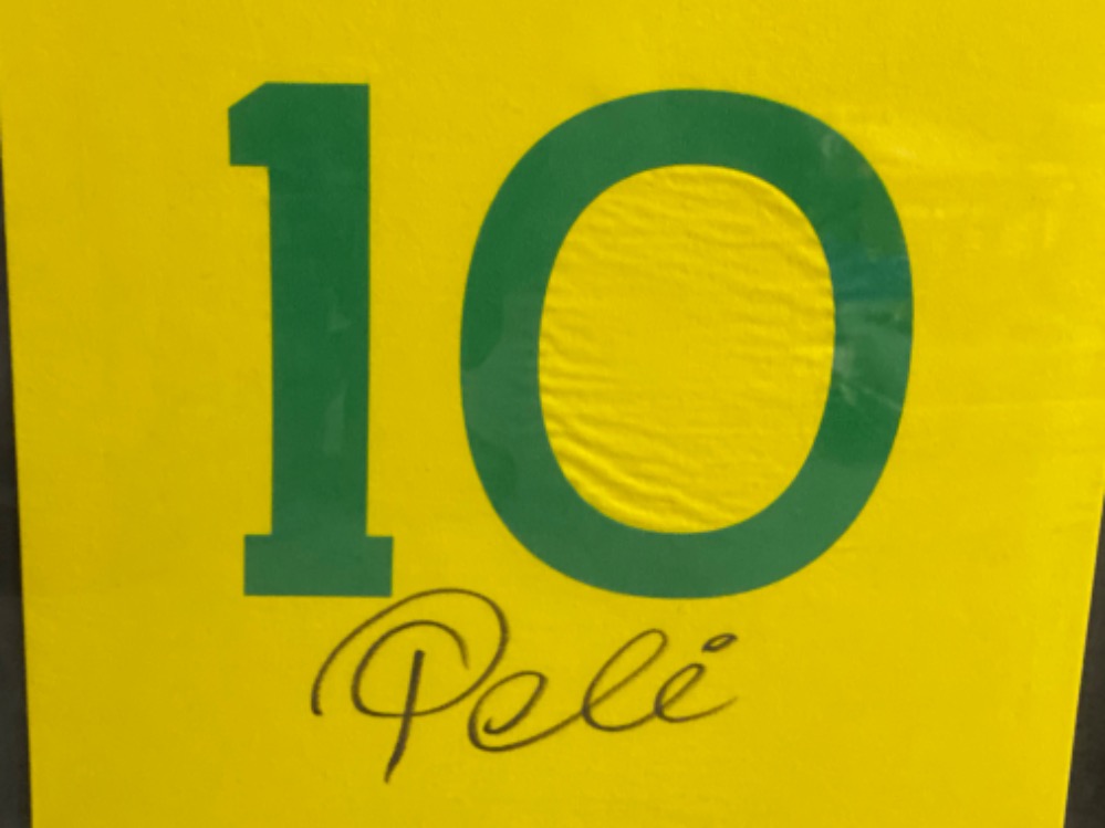 Framed 1970’s brazil number 10 football shirt, signed on the back by the football legend “Pele” with - Image 2 of 3