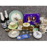 Box of mixed commemorative ware including Maling 1953 coronation cup & saucer, picture soap, playing