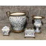 18th century style blue and white ceramic garniture with metal mounts