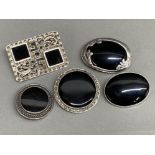 Total of 5 vintage Silver brooches each with jet-black stones