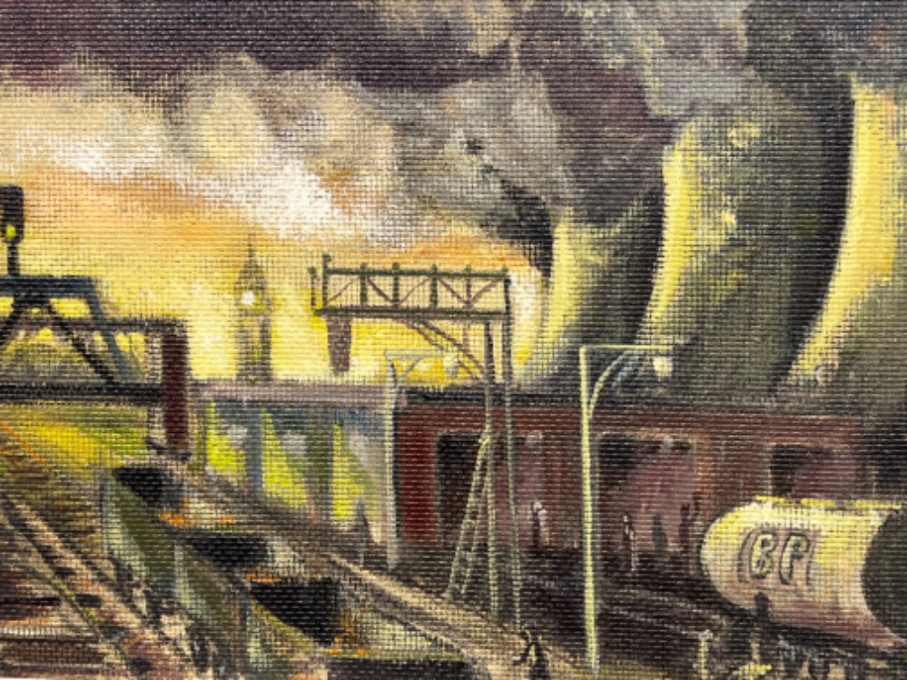 Large oil on board painting of Industrial scene signed bottom right. (79cm x 27cm) - Image 2 of 3