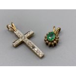 2x pendants, 1 9ct yellow gold diamond cross, 1 emerald and diamond cluster pendant, 2.0grm