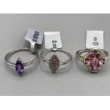 Three silver rings one with diamonds by Gemporia sizes P and T 1/2 6.6g gross with COAs and slips
