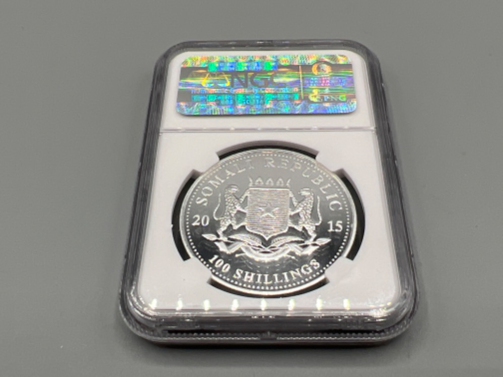 African wildlife 2015 Somalia silver 1oz coin. Graded and sealed by the NGC - Image 2 of 2