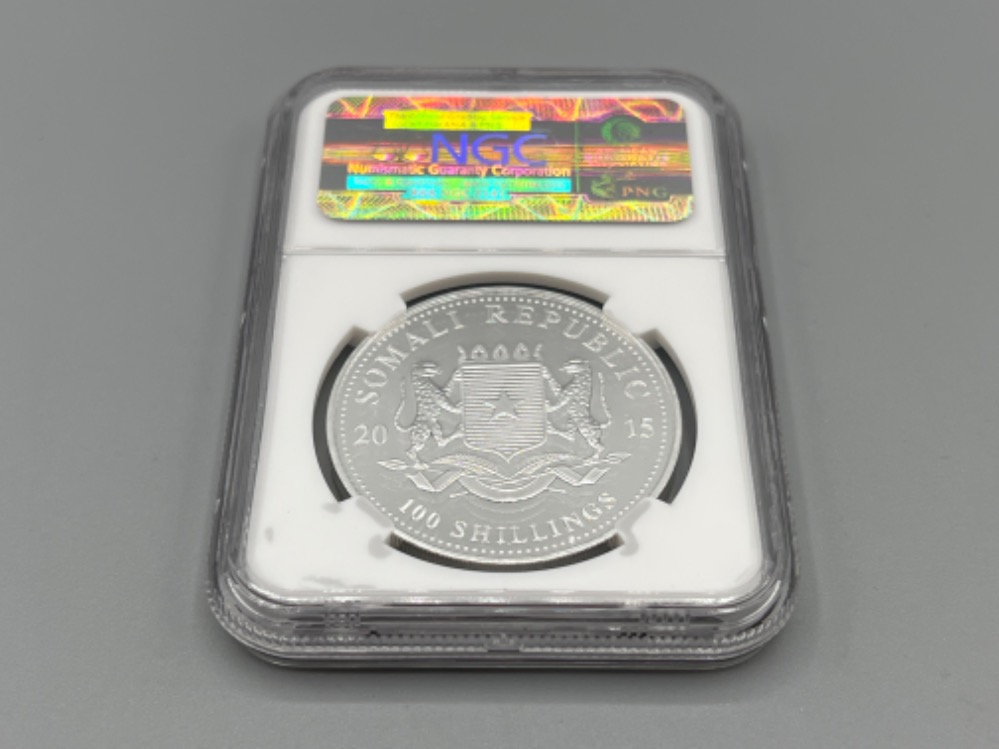 2015 African wildlife Somalia $100 silver 1oz coin. Graded and sealed by NGC - Bild 2 aus 2