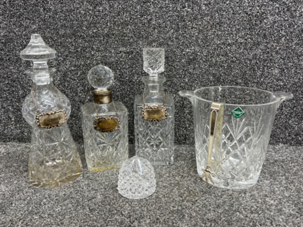 3 Crystal decanters (1 has silver collar) and crystal ice bucket