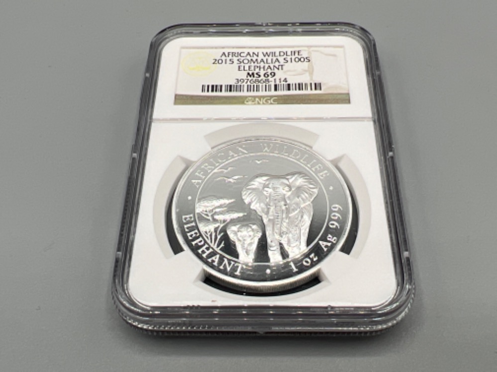 African wildlife 2015 Somalia silver 1oz coin. Graded and sealed by the NGC