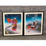 2 framed Japanese prints - samurai warrior & flute player - both number 4/50