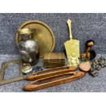 Box of miscellaneous items including brass & copper tea caddy, Middle Eastern mirror, resin &