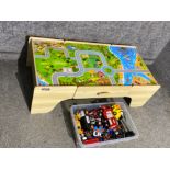 1 childrens play table with a box full of toy cars