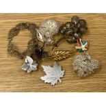 3 silver leaf brooches including an enamelled Canadian leaf, together with a large silver wire-