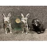 2x large silver coloured french bull dog ornaments plus 1 other large dog ornament & modern glass LC