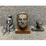 Three plaster sculptures by Joan Fay, two busts and a child sitting on a rock