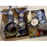 Box containing a Delft style pair of Portuguese pottery candelabra’s also includes teapot, bowls