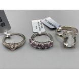 Three silver rings including one with amethyst by Gemporia sizes N R and T 12.8g gross with COAs and